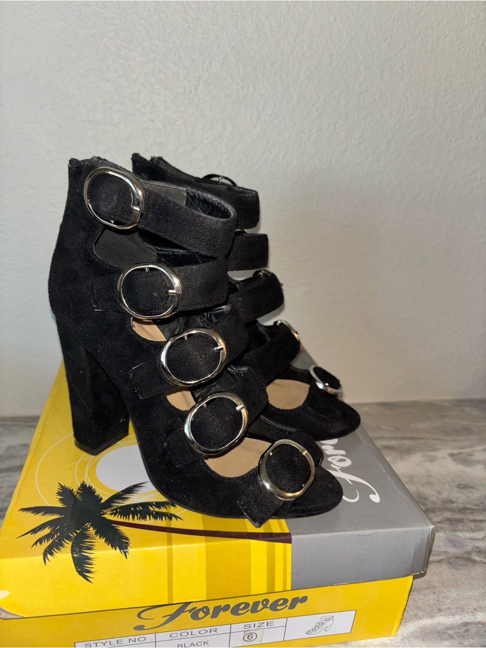 Forever Black Suede Strappy Buckle Block Heels